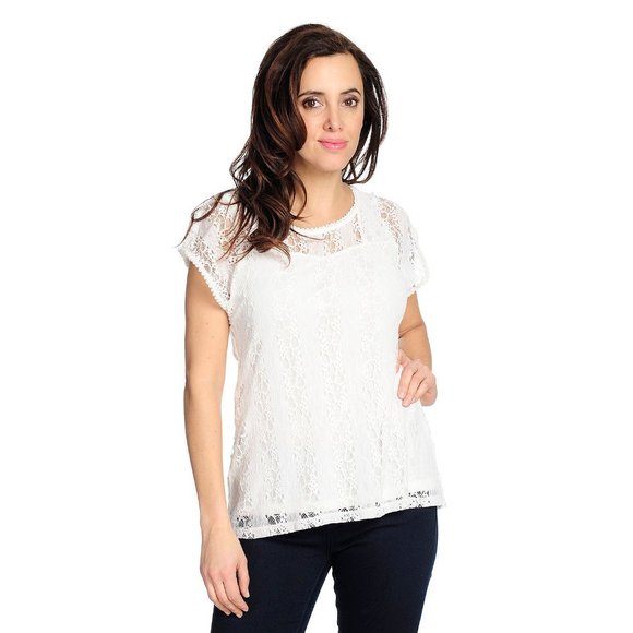 NWOT - One World Lace Cap Sleeve Pom Pom & Crochet Trimmed Partially Lined Ivory - Picture 1 of 1